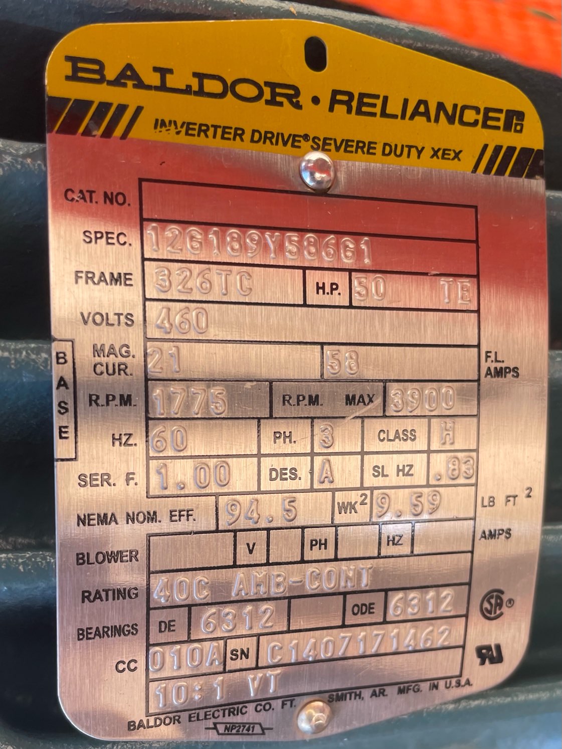 Baldor-Reliance 50 HP 1800 RPM 326TC Squirrel Cage Motors 91775