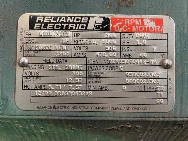 Reliance 300 HP 1750/2000 RPM LC3613ATZ DC Motors 91783