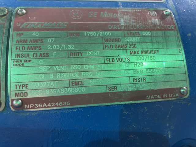 General Electric 40 HP 1750/2100 RPM 327AT DC Motors 91795