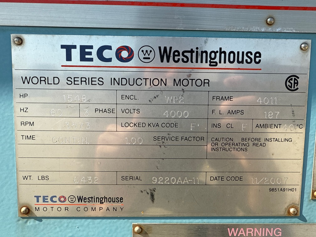 Teco Westinghouse 1500 HP 3600 RPM 4011 Squirrel Cage Motors 91798