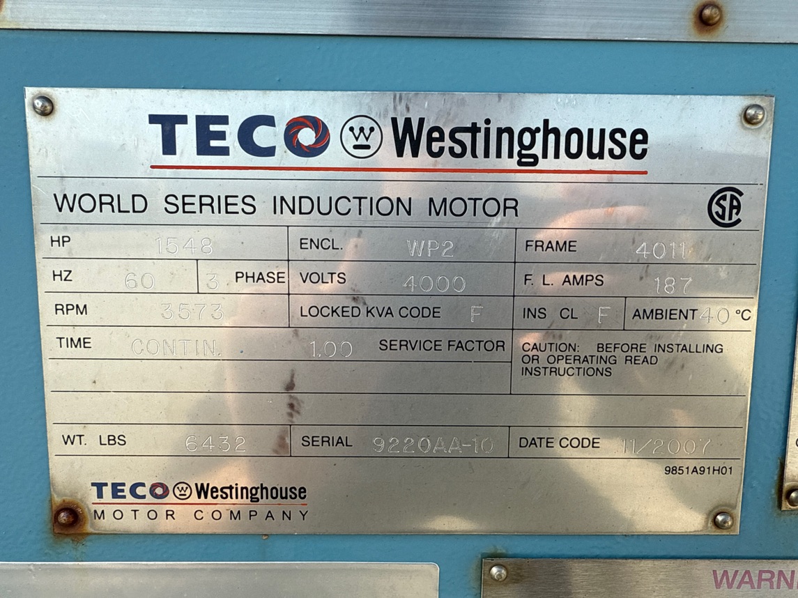 Teco Westinghouse 1500 HP 3600 RPM 4011 Squirrel Cage Motors 91799