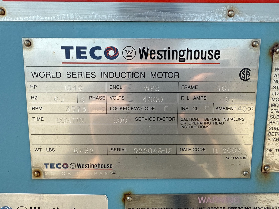 Teco Westinghouse 1500 HP 3600 RPM 4011 Squirrel Cage Motors 91800