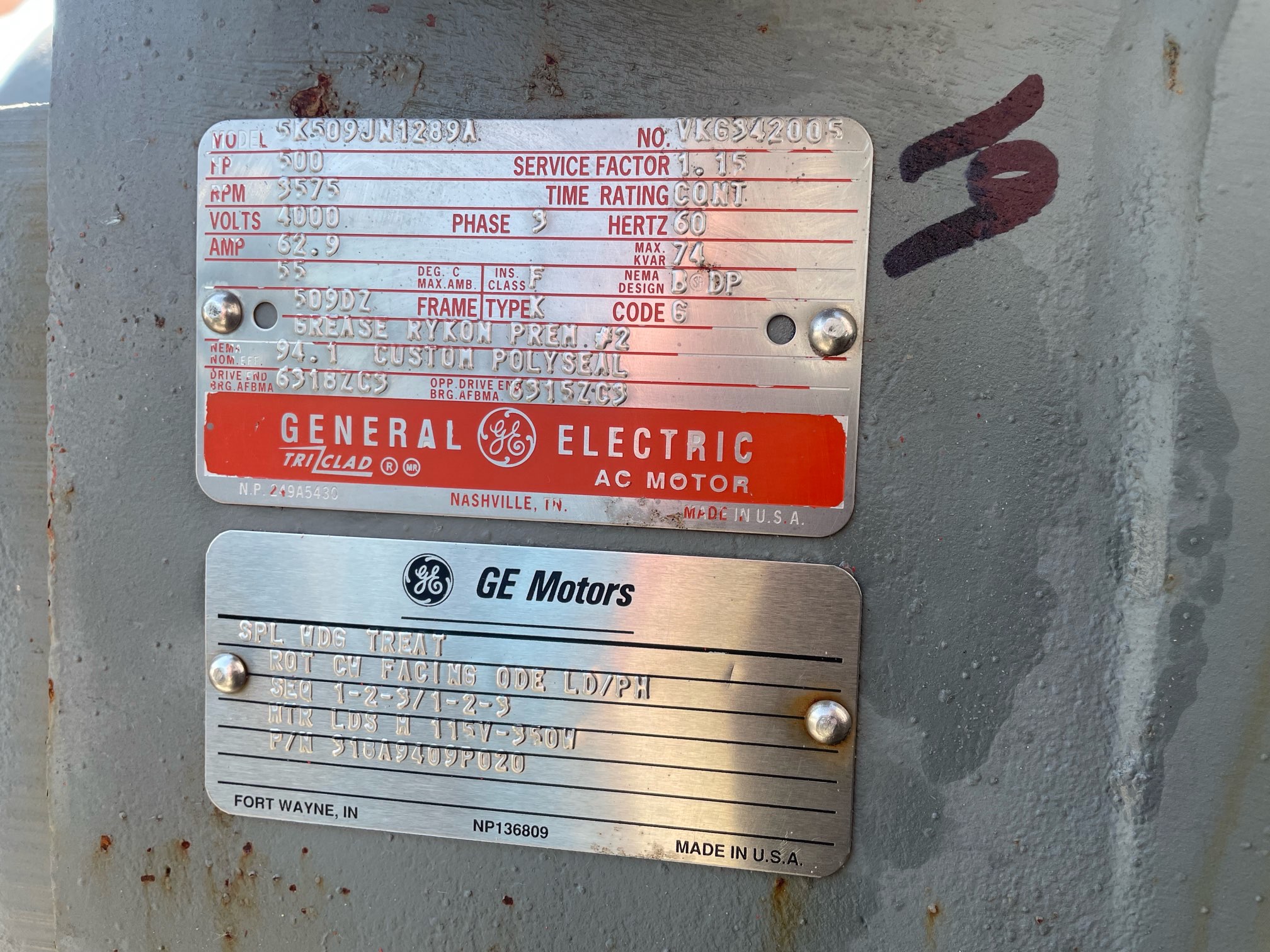 General Electric 500 HP 3600 RPM 509DZ Squirrel Cage Motors 91806