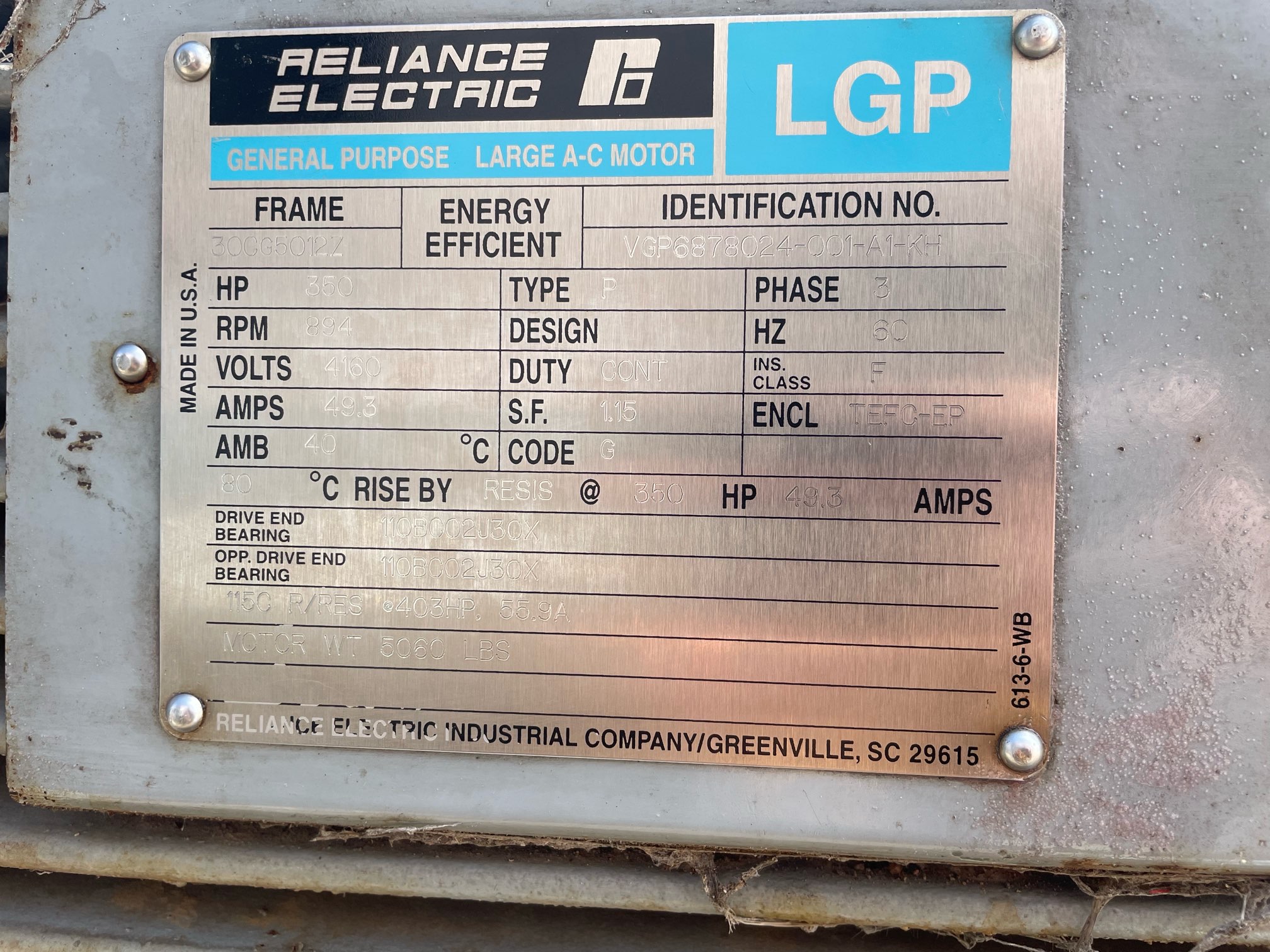 Reliance 350 HP 900 RPM 5012Z Squirrel Cage Motors 91807