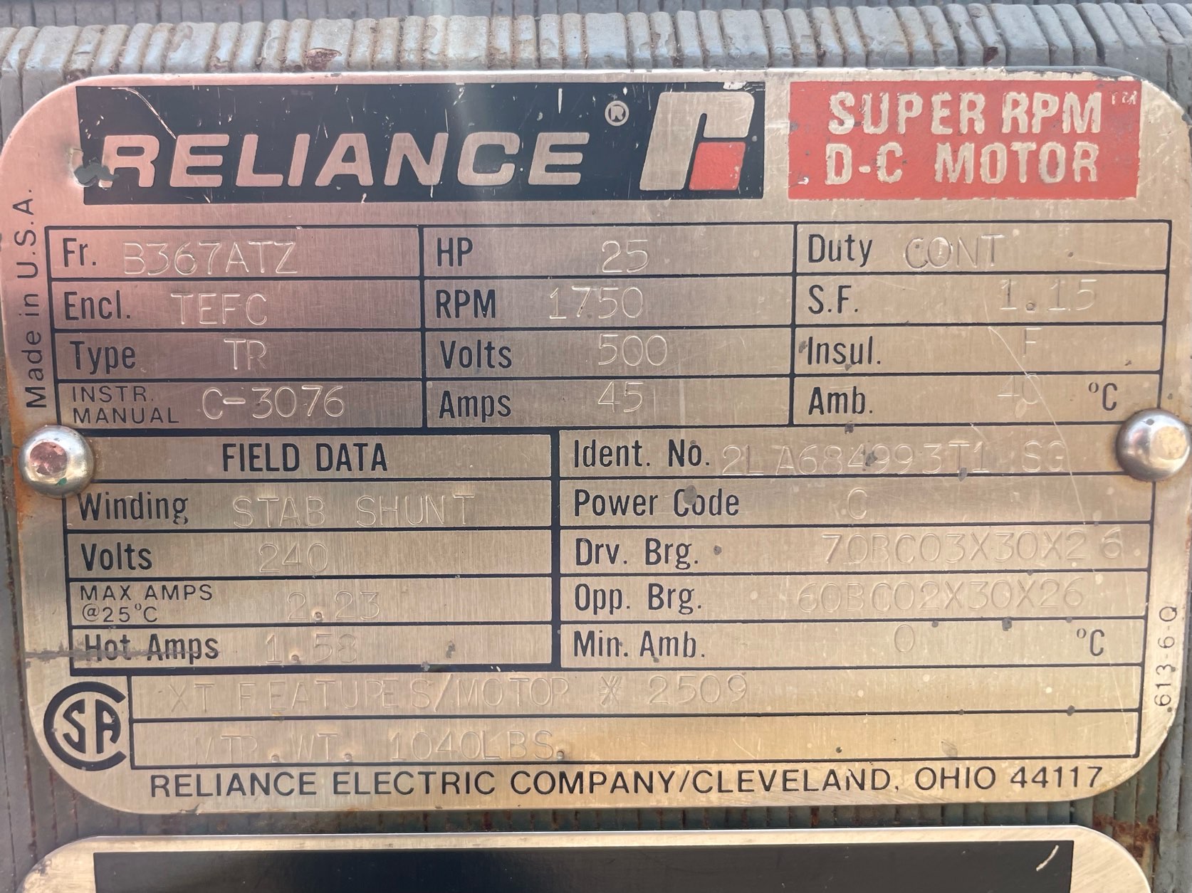 Reliance 25 HP 1750 RPM B367ATZ DC Motors 91808