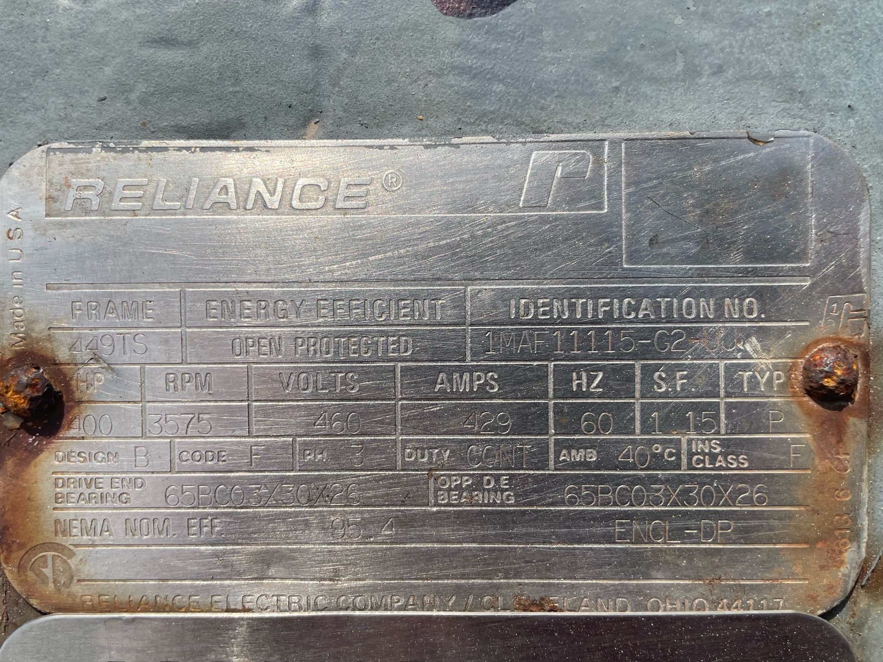 Reliance 400 HP 3600 RPM 449TS Squirrel Cage Motors 91809