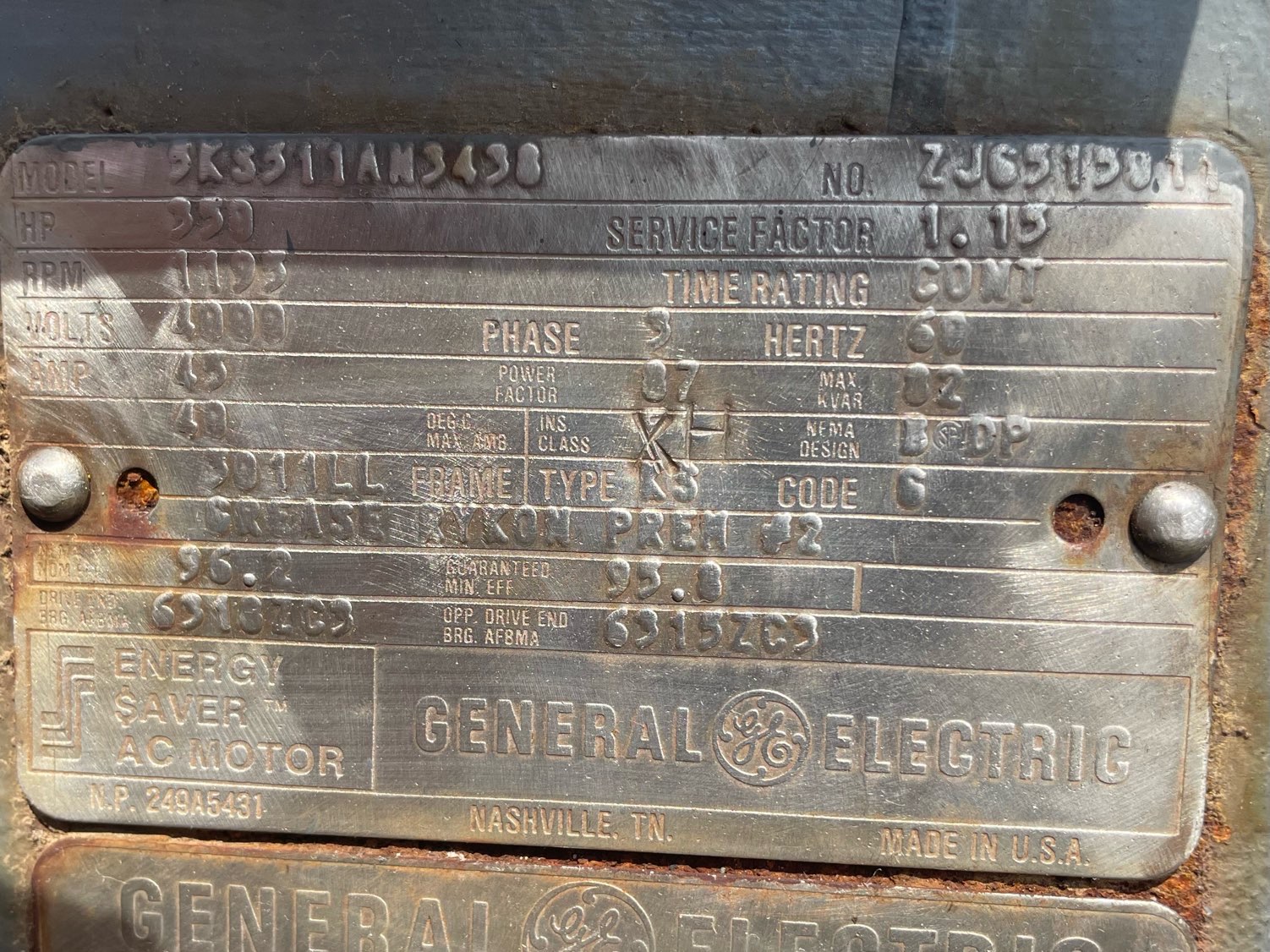 General Electric 350 HP 1200 RPM 5011LL Squirrel Cage Motors 91810