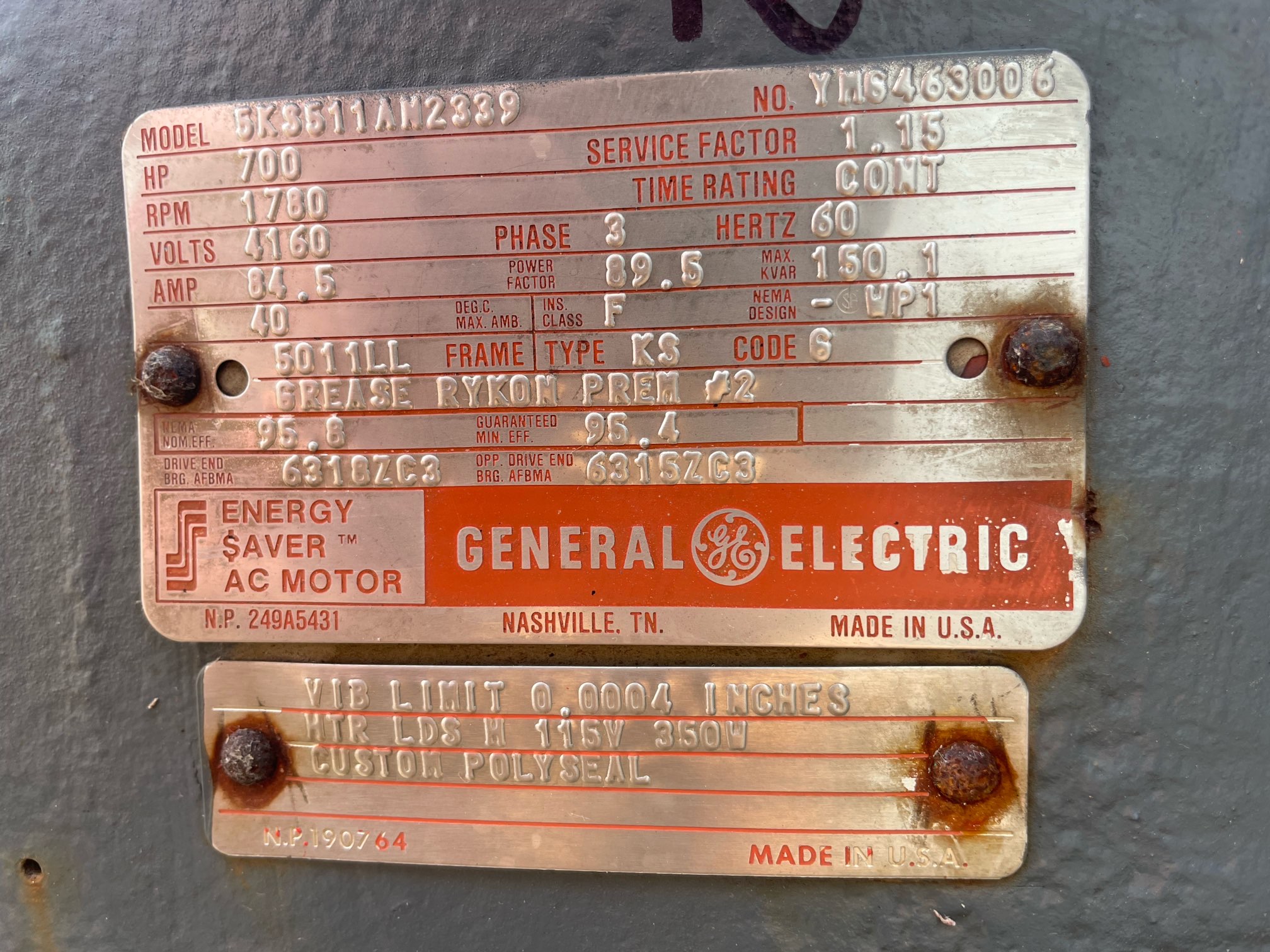 General Electric 700 HP 1800 RPM 5011LL Squirrel Cage Motors 91817