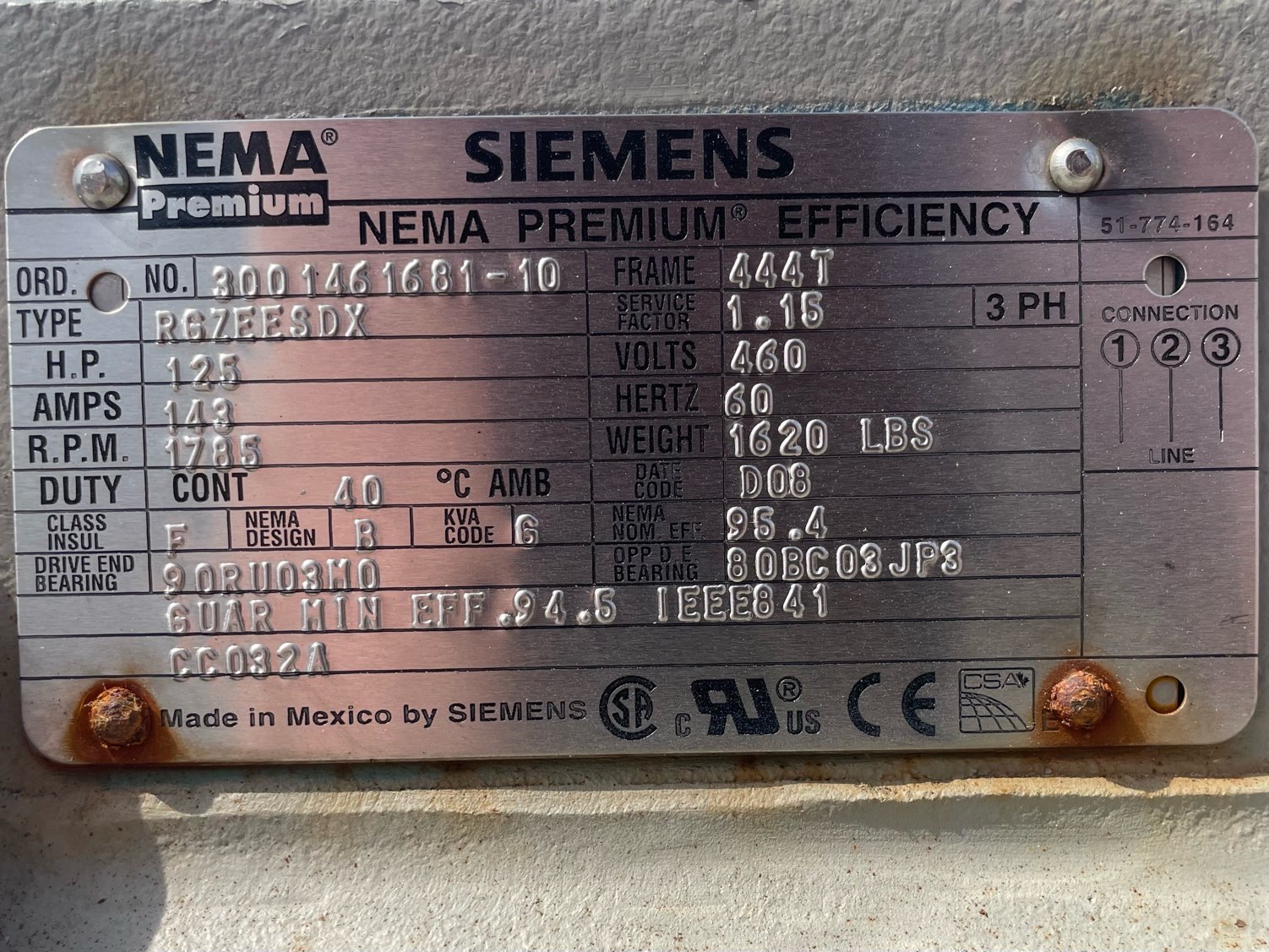 Siemens 125 HP 1800 RPM 444T Squirrel Cage Motors 91818