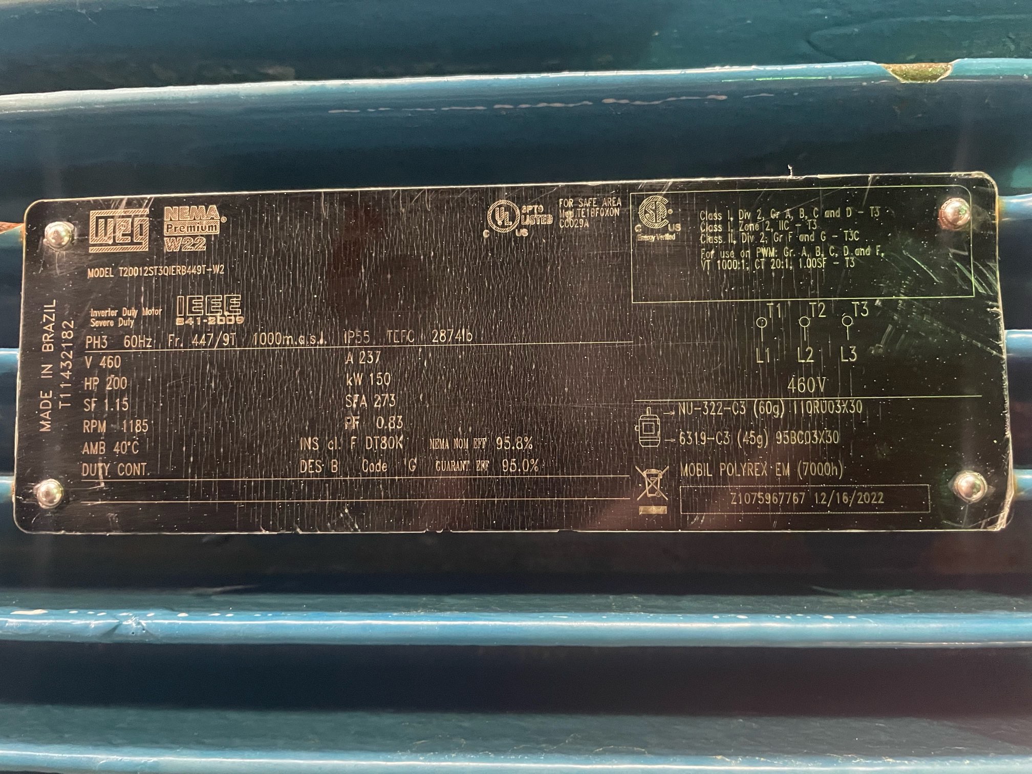 WEG 200 HP 1200 RPM 447/9T Squirrel Cage Motors 91821