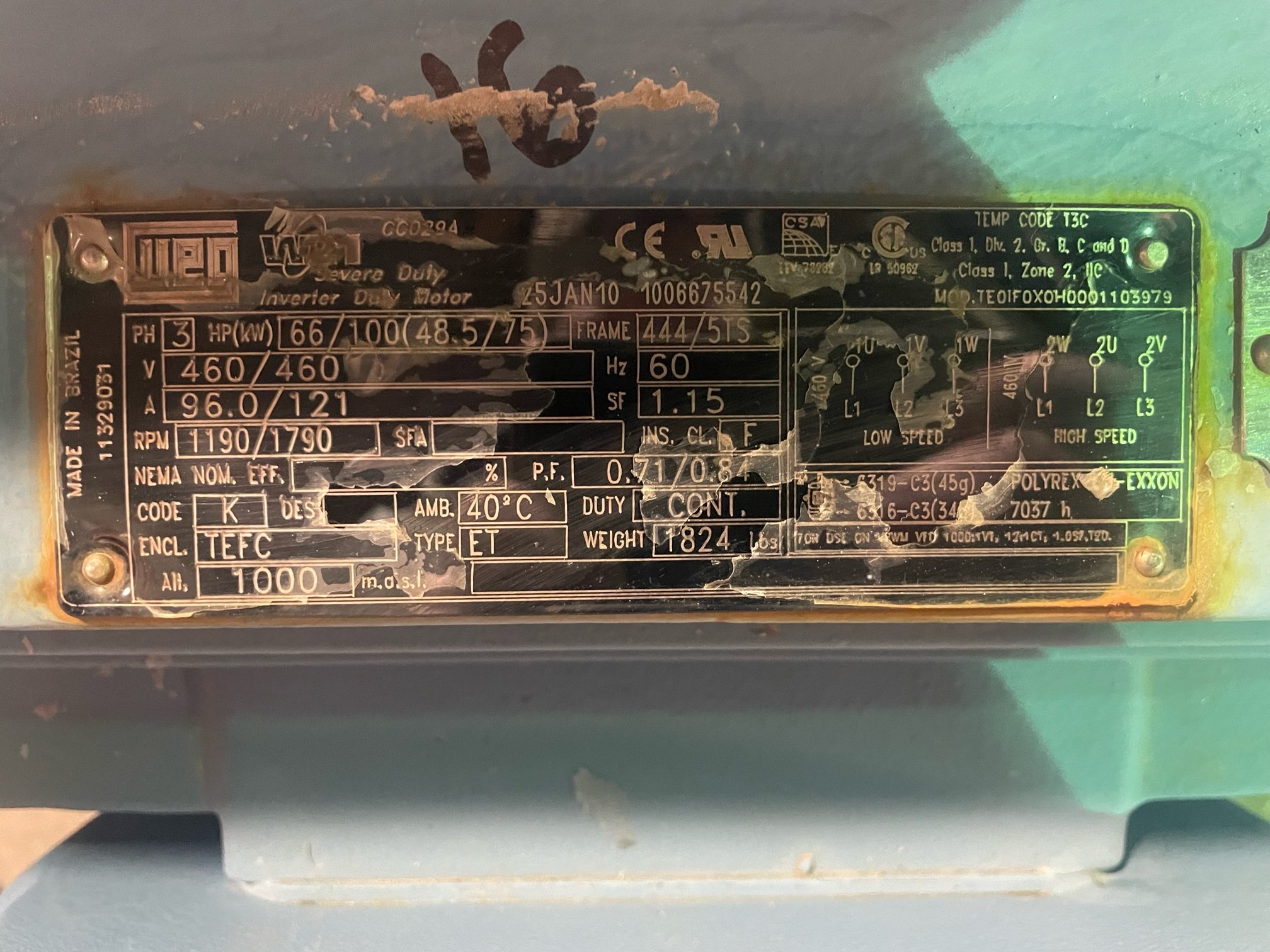 WEG 100 HP 1790 RPM 444/5TS Multi Speed Motors 91824