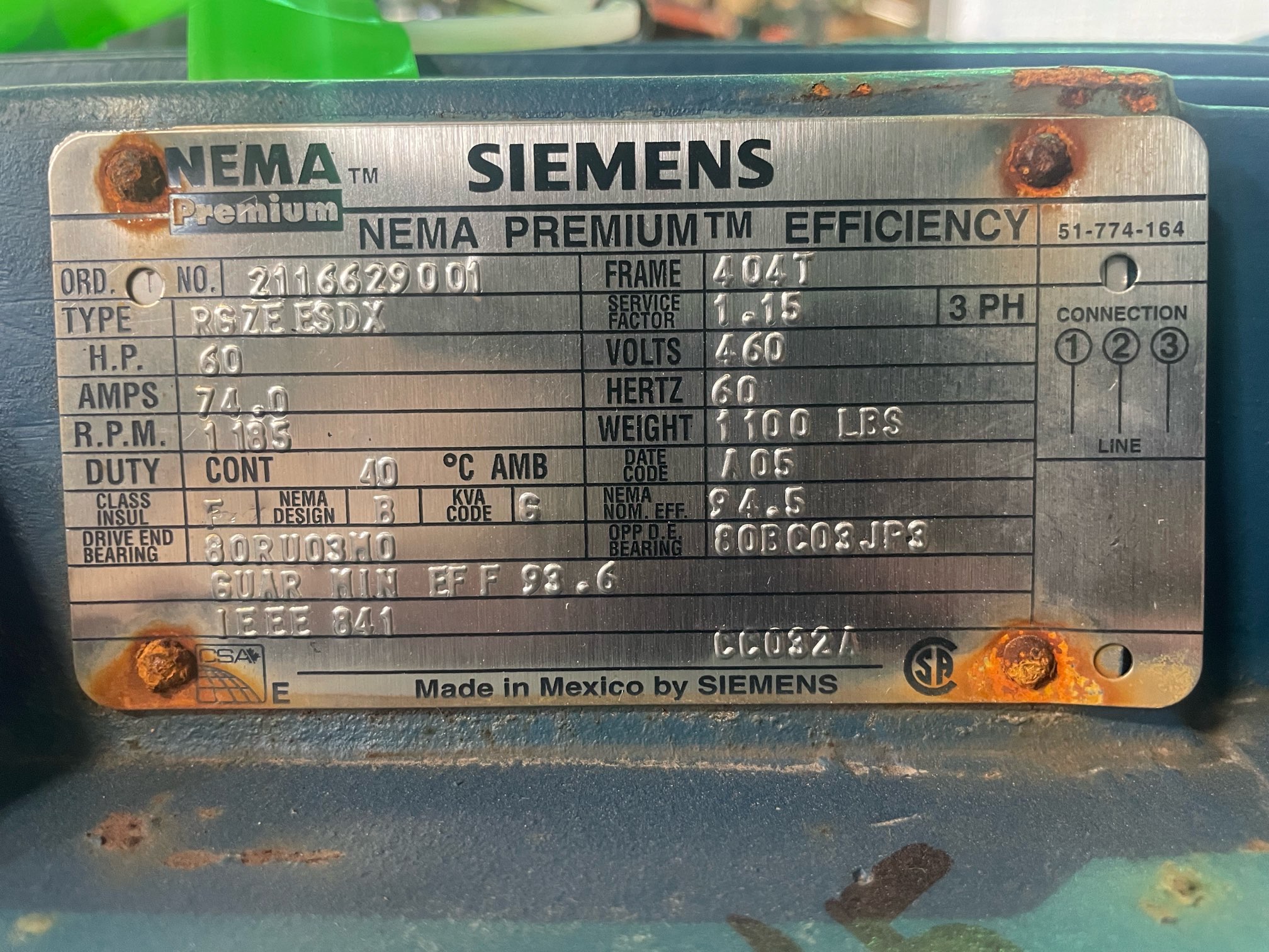 Siemens 60 HP 1200 RPM 404T Squirrel Cage Motors 91826