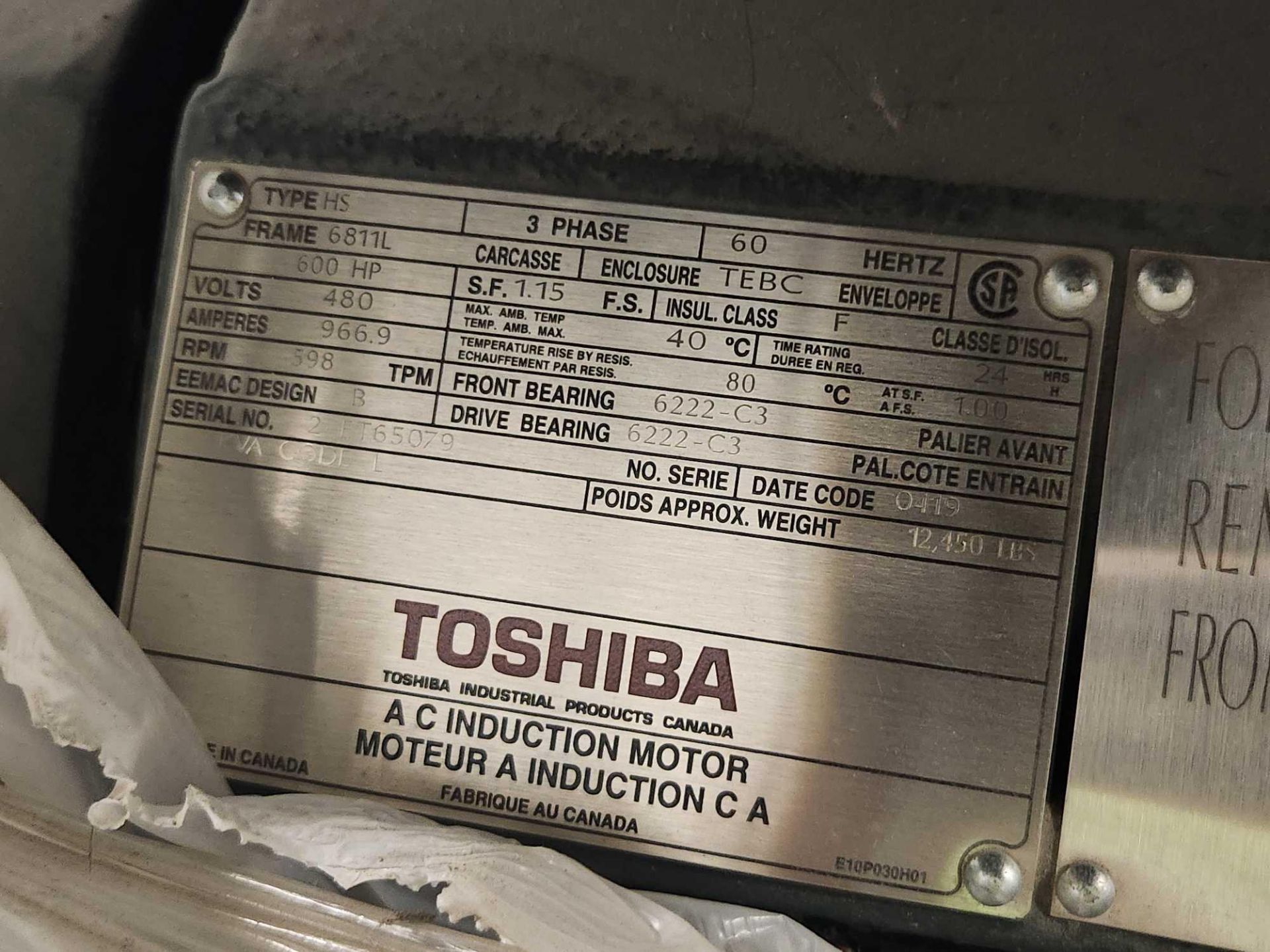 Toshiba 600 HP 600 RPM 6811L Squirrel Cage Motors 91901