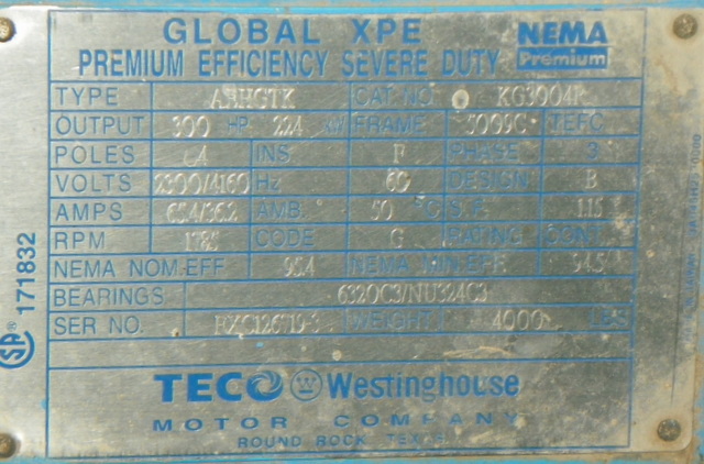 Teco Westinghouse 300 HP 1800 RPM 5009C Squirrel Cage Motors 91905