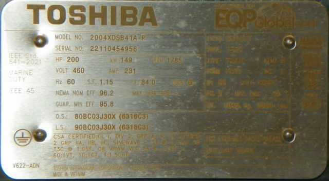 Toshiba 200 HP 1800 RPM 445/7T Squirrel Cage Motors 91908