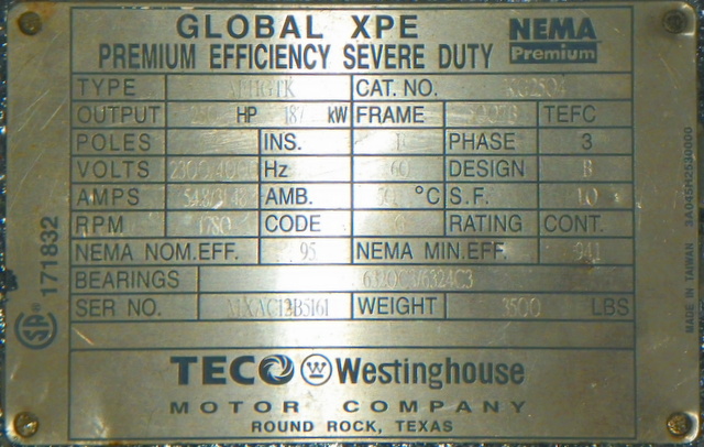 Teco Westinghouse 250 HP 1800 RPM 5007B Squirrel Cage Motors 91910