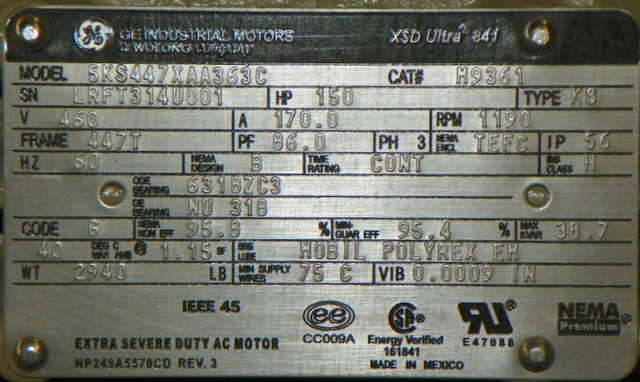 General Electric 150 HP 1200 RPM 447T Squirrel Cage Motors 91911