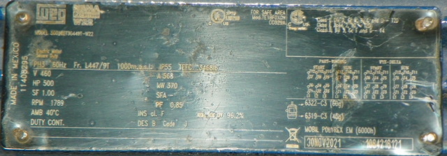 WEG 500 HP 1800 RPM 447/9T Squirrel Cage Motors 91912