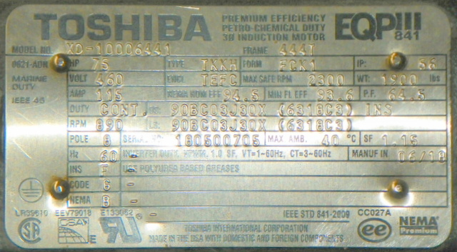 Toshiba 75 HP 900 RPM 444T Squirrel Cage Motors 91915