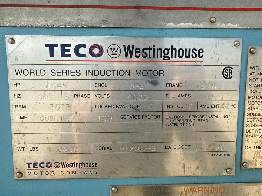 Teco Westinghouse 1500 HP 3600 RPM 4011 Squirrel Cage Motors 91922
