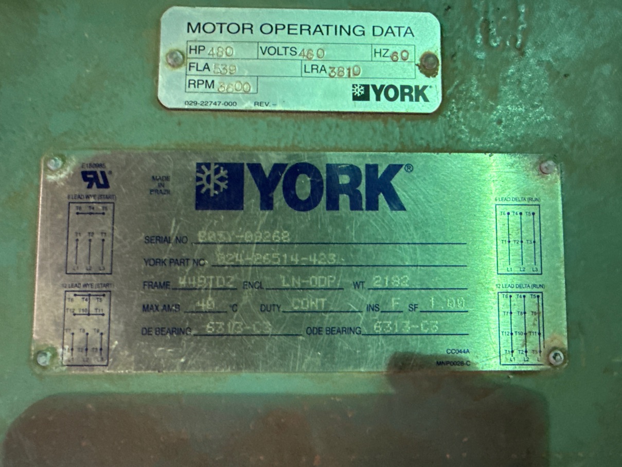 York 500 HP 3600 RPM 449TDZ Squirrel Cage Motors 91923