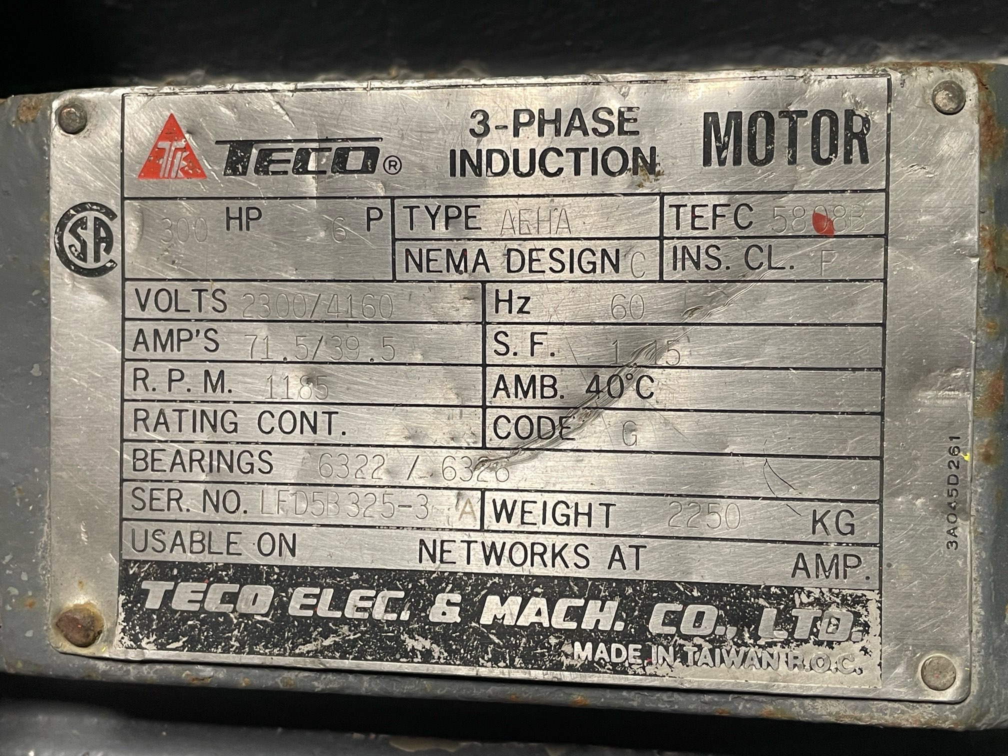 Teco 300 HP 1200 RPM 5808B Squirrel Cage Motors 91926