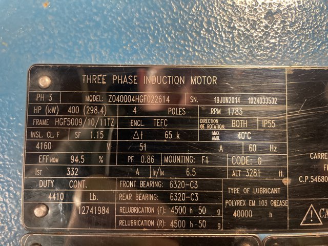 WEG 400 HP 1800 RPM 5009/10/11TZ Squirrel Cage Motors 91930