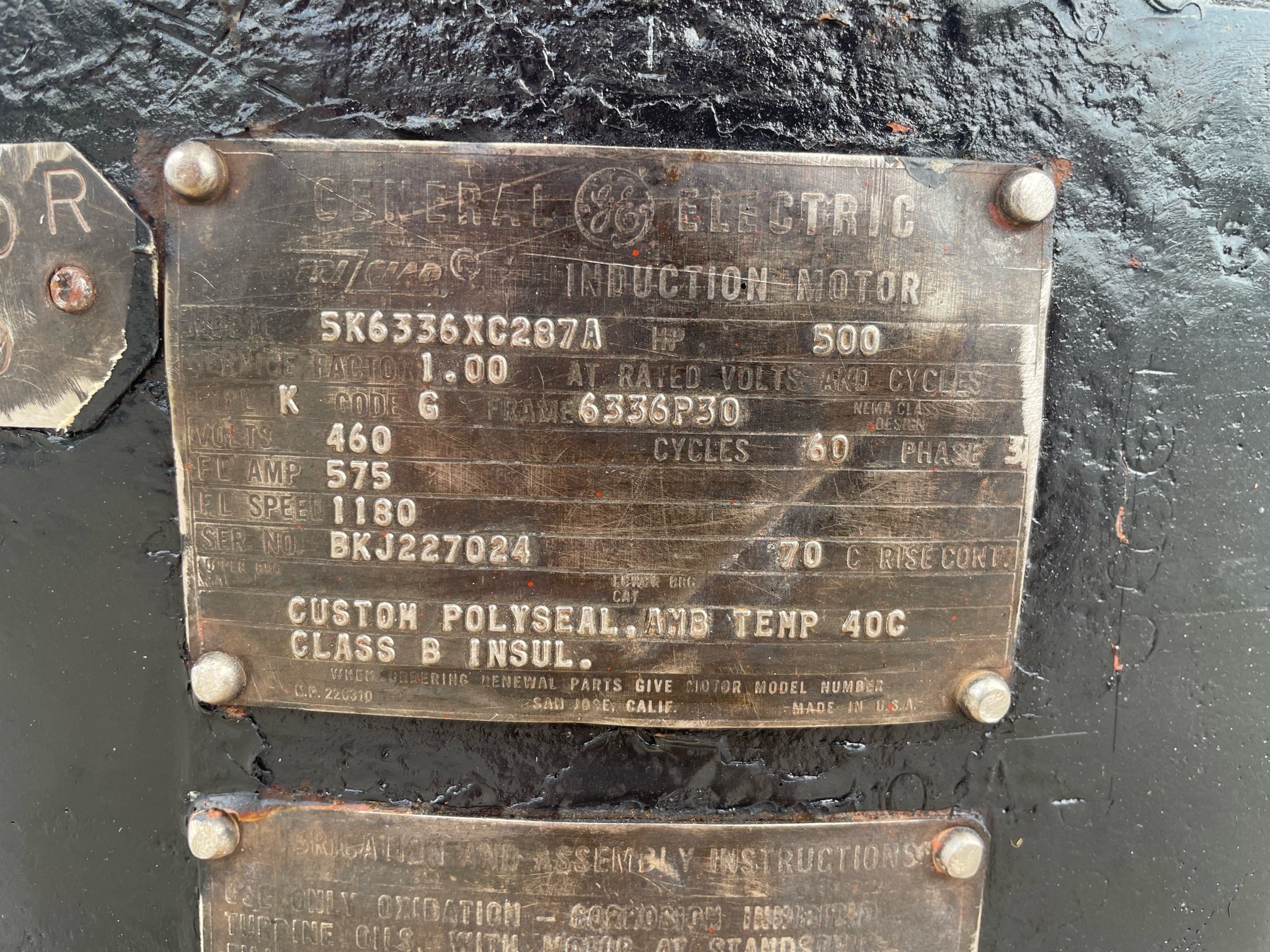 General Electric 500 HP 1180 RPM 6336P30 Vertical Motors 91933