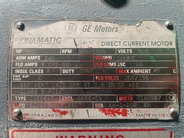 General Electric 150 HP 850/1700 RPM 506AT DC Motors 91948