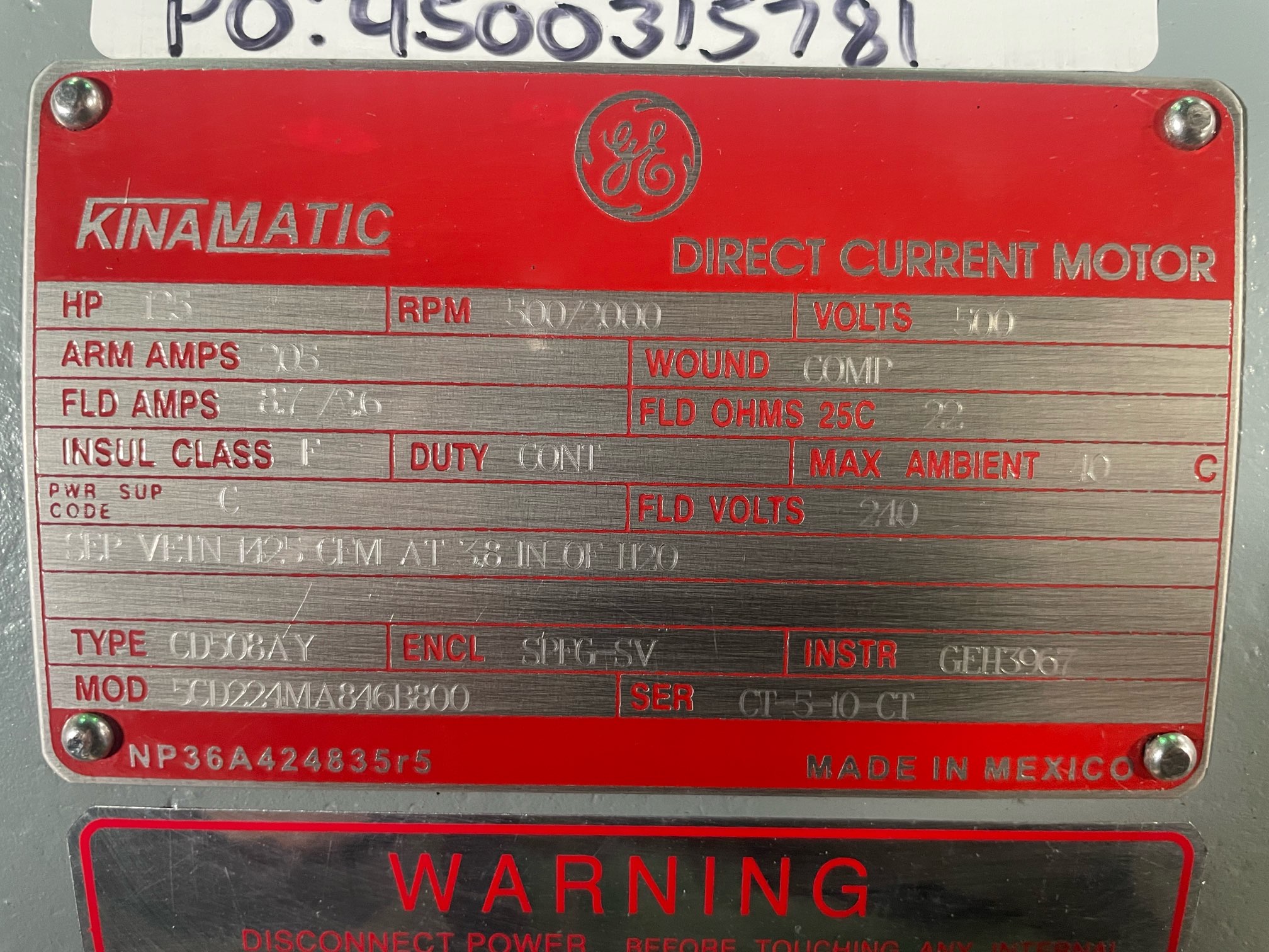 General Electric 125 HP 500/2000 RPM 508AY DC Motors 91949