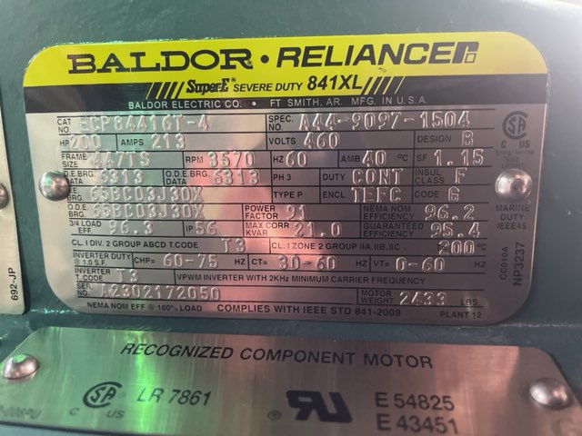 Baldor-Reliance 200 HP 3600 RPM 447TS Squirrel Cage Motors 91950