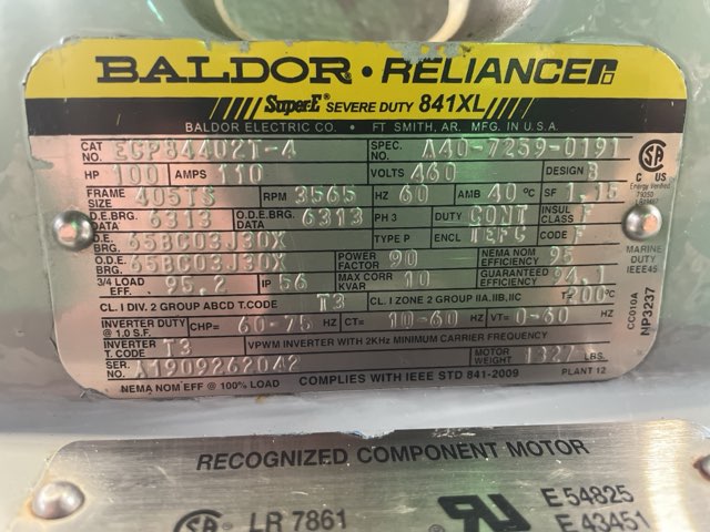 Baldor-Reliance 100 HP 3600 RPM 405TS Squirrel Cage Motors 91951