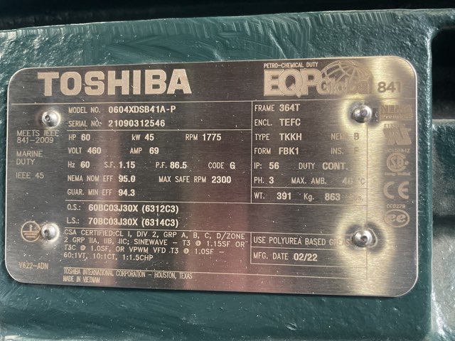 Toshiba 60 HP 1800 RPM 364T Squirrel Cage Motors 91952