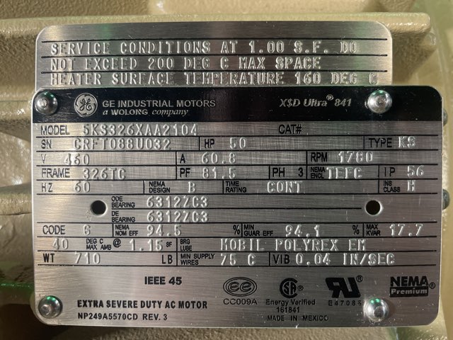 General Electric 50 HP 1800 RPM 326TC Squirrel Cage Motors 91953