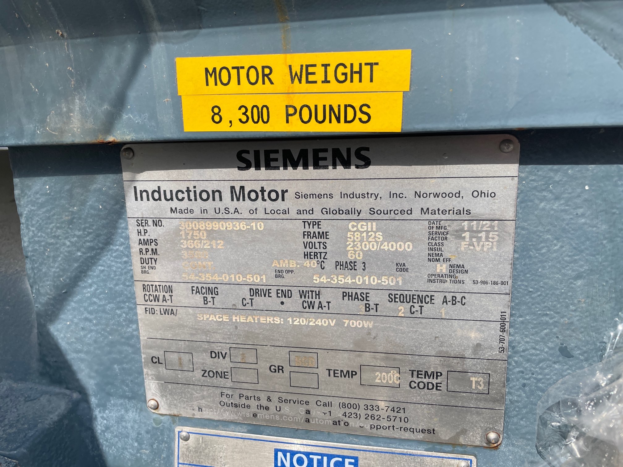 Siemens 1750 HP 3600 RPM 5812S Squirrel Cage Motors 91956