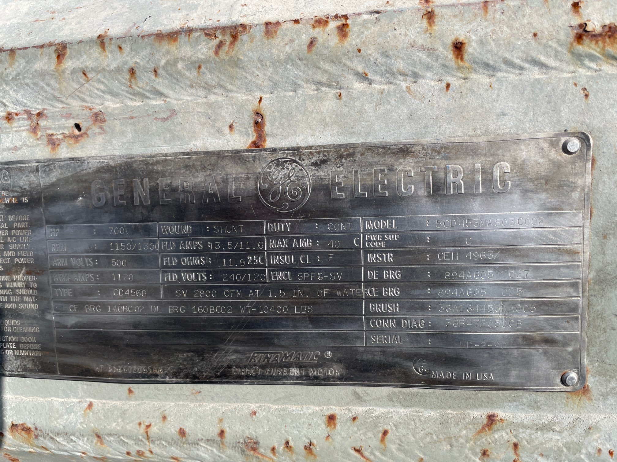 General Electric 700 HP 1150/1300 RPM 4568 DC Motors 91960