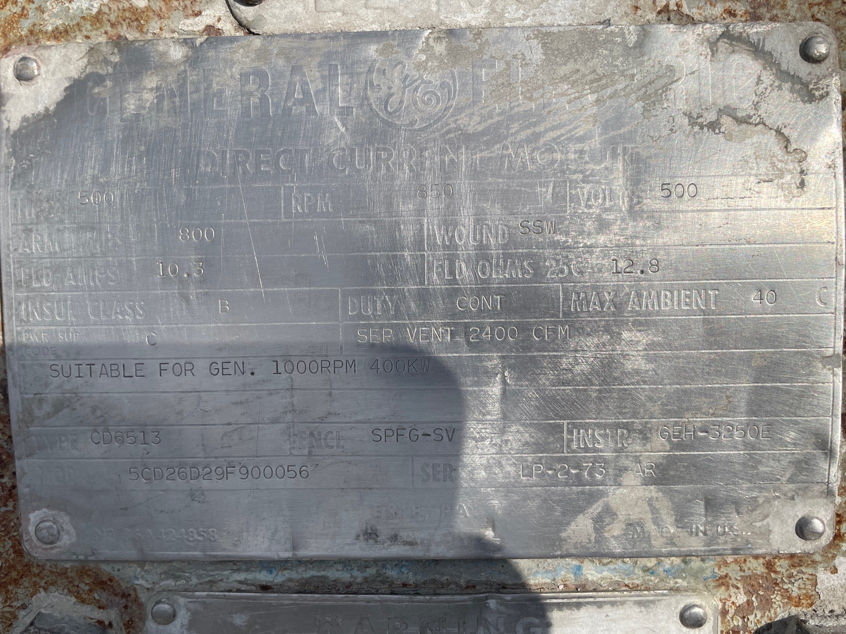 General Electric 500 HP 850 RPM 6513 DC Motors 91961