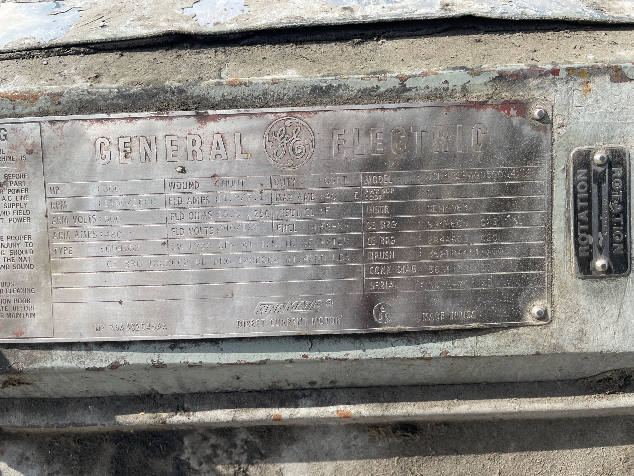 General Electric 300 HP 1150/1600 RPM 4352 DC Motors 91963