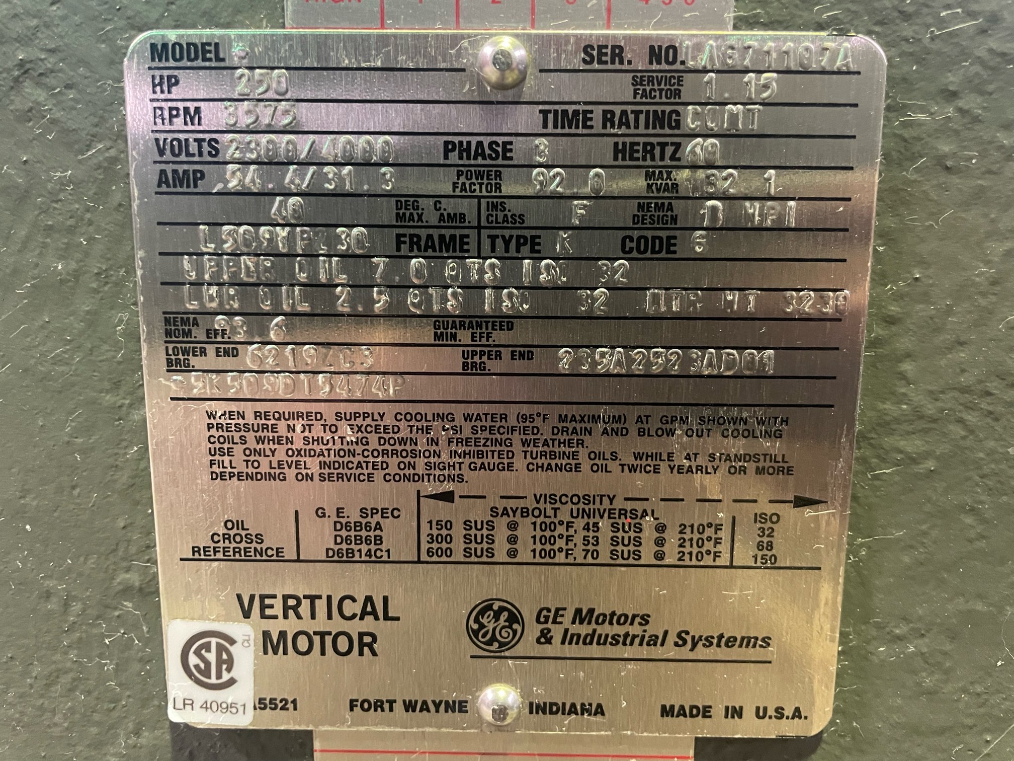General Electric 250 HP 3575 RPM L509VPZ30 Vertical Motors 91966