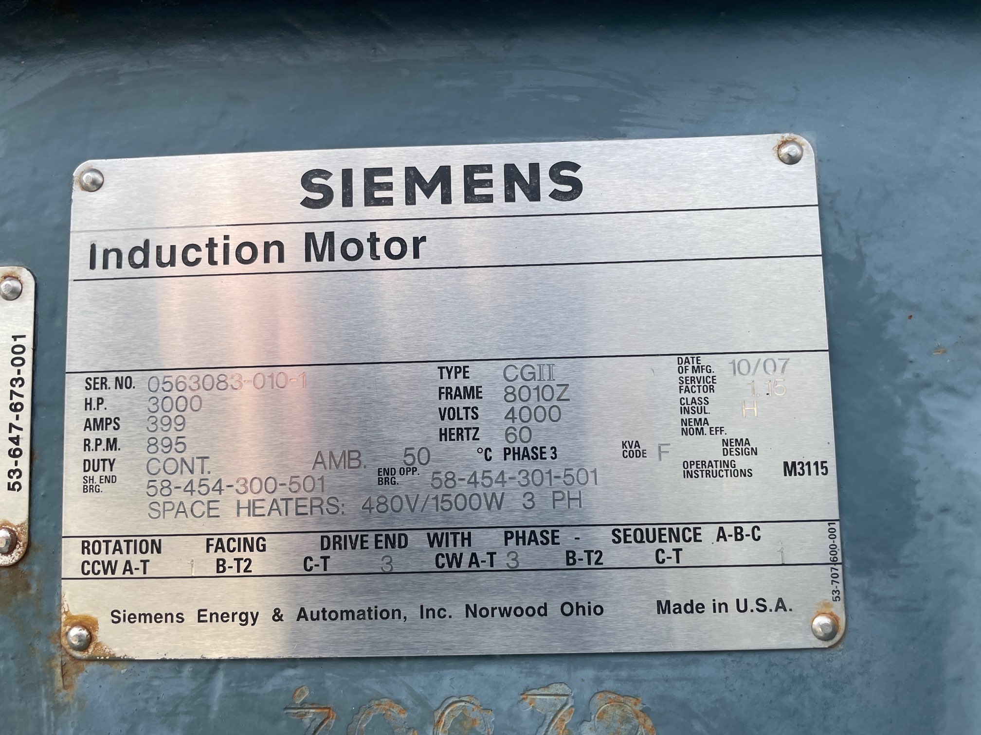 Siemens 3000 HP 900 RPM 8010Z Squirrel Cage Motors 91972