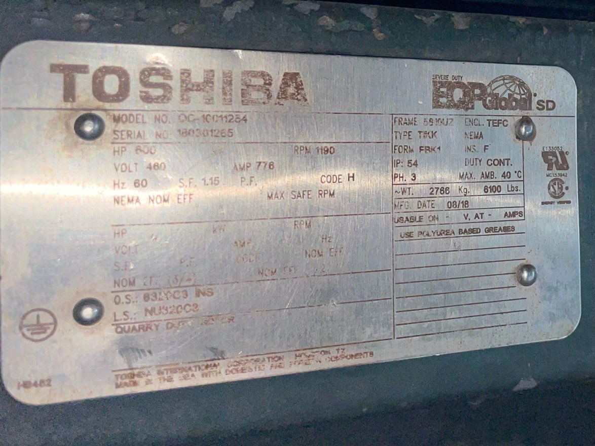 Toshiba 600 HP 1200 RPM 5810UZ Squirrel Cage Motors 91974