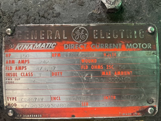 General Electric 150 HP 1750/2000 RPM 407AY DC Motors 91980