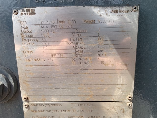 ABB 1500 HP 1200 RPM 450L6W Squirrel Cage Motors 91982