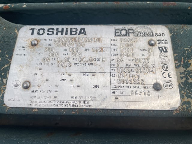 Toshiba 250 HP 1200 RPM 449T Squirrel Cage Motors 91990