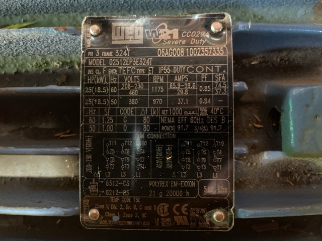 WEG 25 HP 1200 RPM 324T Squirrel Cage Motors 92012