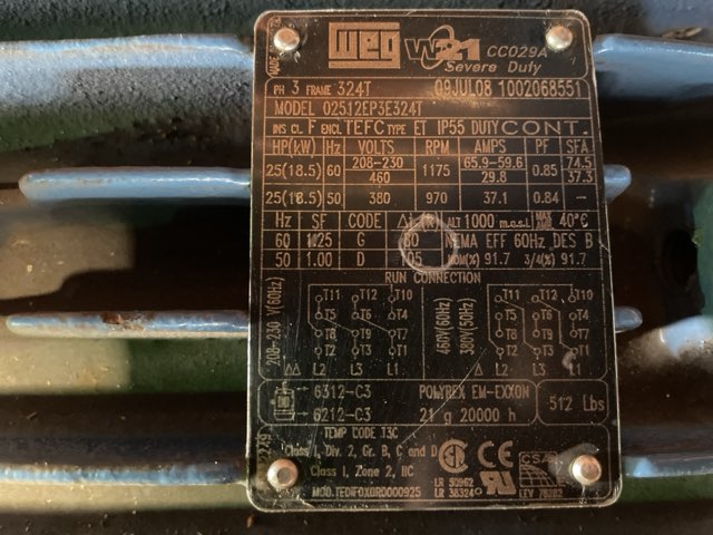 WEG 25 HP 1200 RPM 324T Squirrel Cage Motors 92013