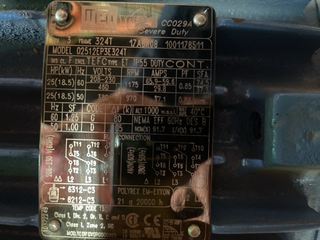 WEG 25 HP 1200 RPM 324T Squirrel Cage Motors 92014