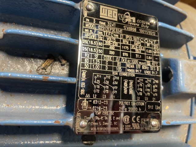WEG 25 HP 1200 RPM 324T Squirrel Cage Motors 92015
