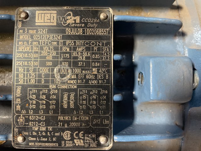 WEG 25 HP 1200 RPM 324T Squirrel Cage Motors 92016