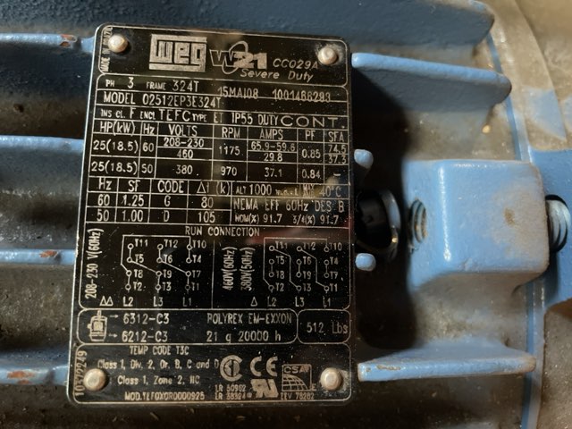 WEG 25 HP 1200 RPM 324T Squirrel Cage Motors 92017